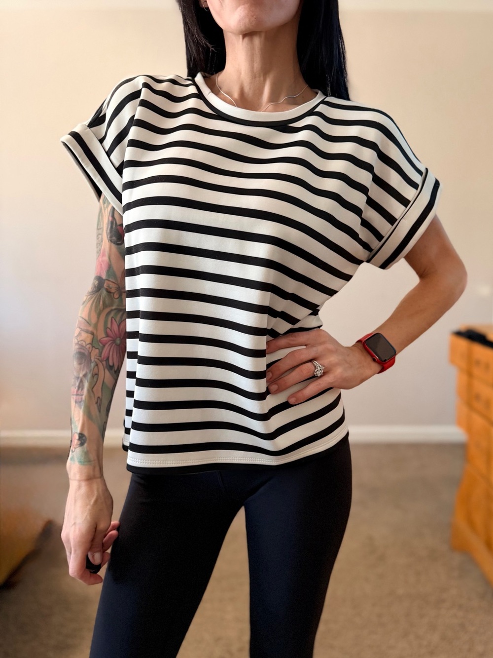 T Tahari Black & White Striped Crewneck Tee